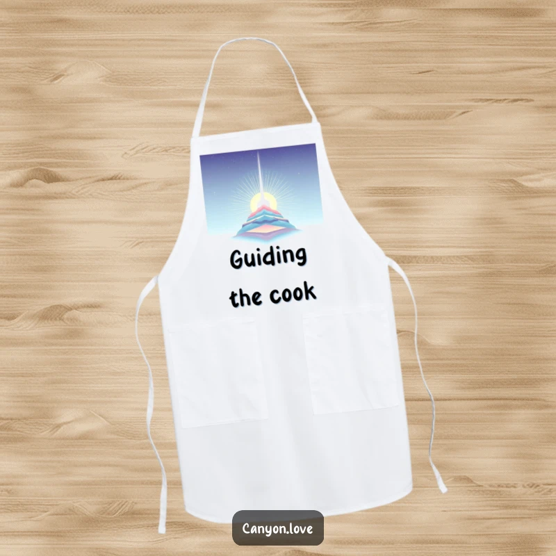 Funny Apron depicting a light beam piercing layered strata, adding a hopeful and humorous artistic element to kitchen wear.