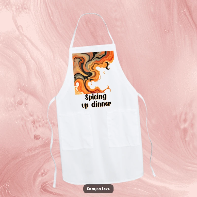 Funny Apron featuring abstract swirls of earthy tones and fiery oranges, a stylish and practical kitchen accessory.