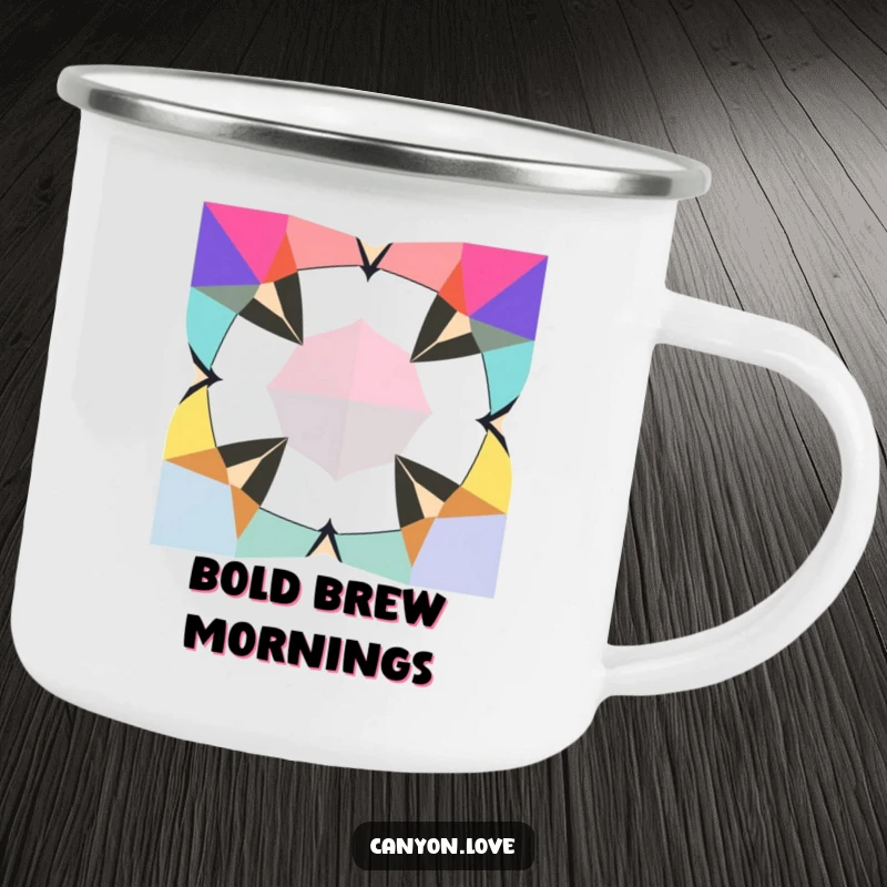 Funny Camping Mug showcasing jagged geometric shapes in contrasting bold colors, perfect for outdoor drinks with an artistic touch.