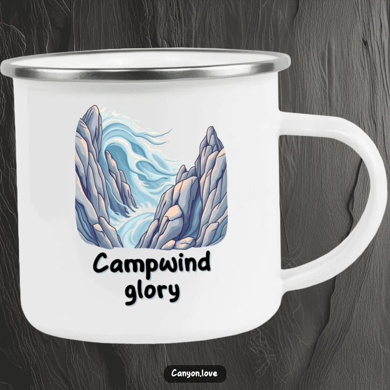 Funny camping mug showing stylized wind streams over large rock formations, durable for any adventure.