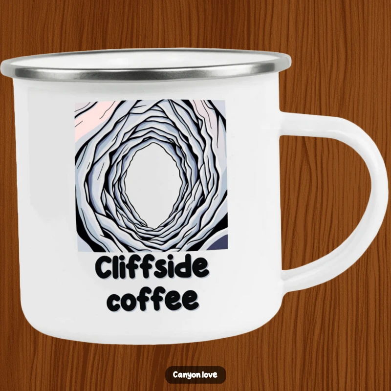 Funny camping mug showing a single line descending into an abstract abyss, durable for outdoor use.