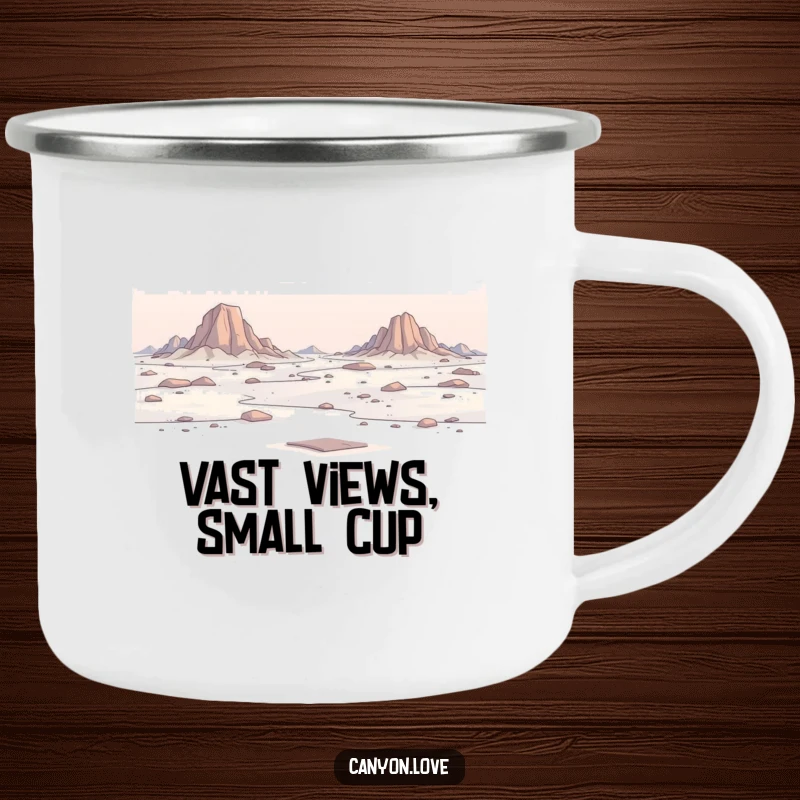 Funny Camping Mug showcasing a minimalist depiction of a vast, rocky expanse, perfect for drinks with a serene landscape touch.