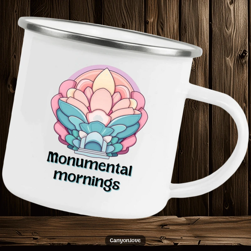 Funny camping mug featuring layered, echoing abstract shapes creating a sense of monumental scale for outdoor use.