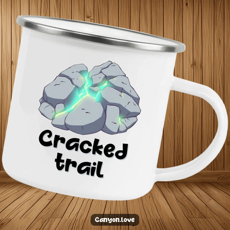 Funny camping mug showcasing a fractured rock surface with vibrant glowing fissures, perfect for outdoor use.