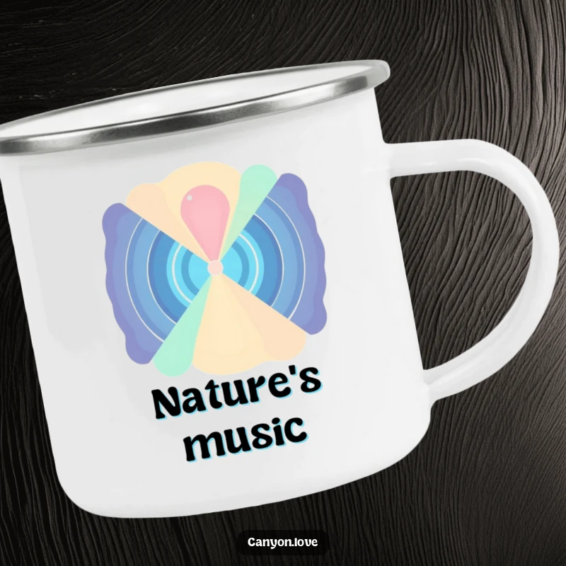Funny Camping Mug with abstracted sound waves radiating from a central point, offering a rhythmic and humorous design for outdoor enjoyment.