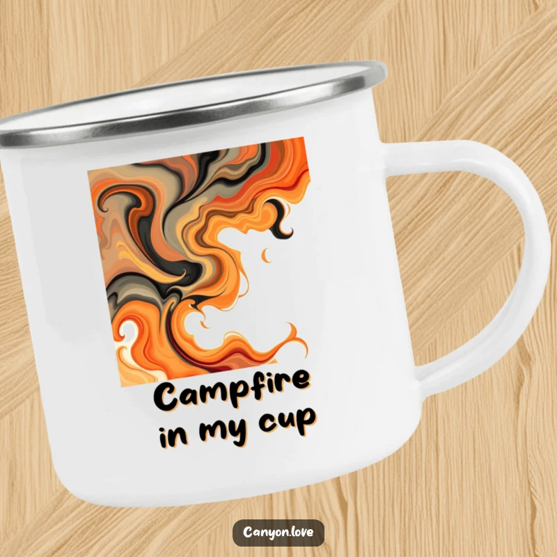 Funny Camping Mug showcasing abstract swirls of earthy tones and fiery oranges, perfect for drinks with a warm artistic touch.
