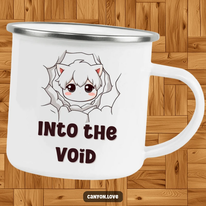 Funny Camping Mug featuring a monochromatic chasm, emphasizing texture and shadow for a dramatic and humorous outdoor drinking experience.