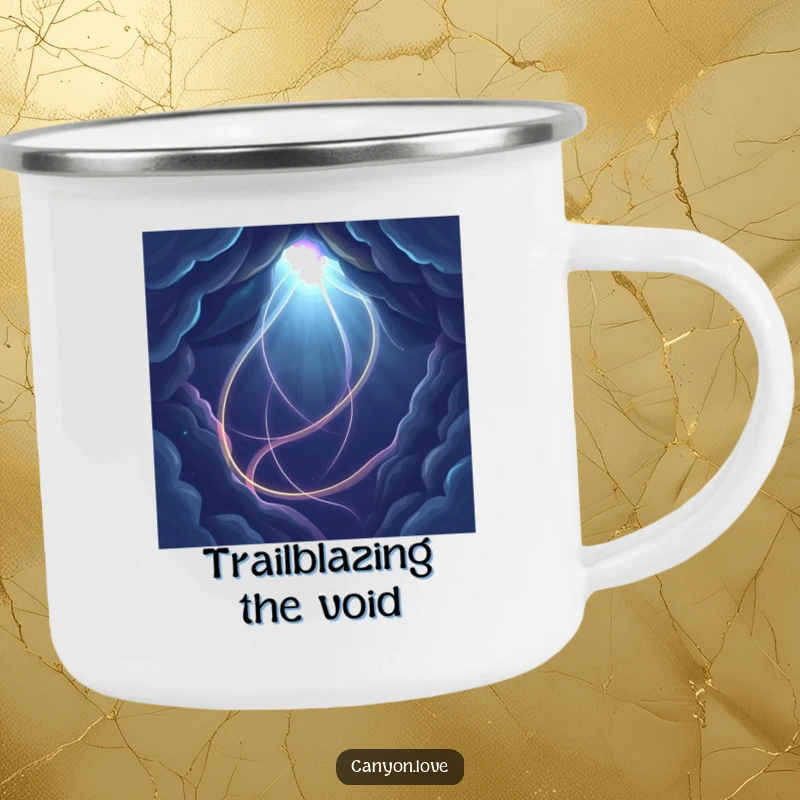 Funny abstract camping mug featuring vibrant light paths in a dark void, durable for outdoor adventures.