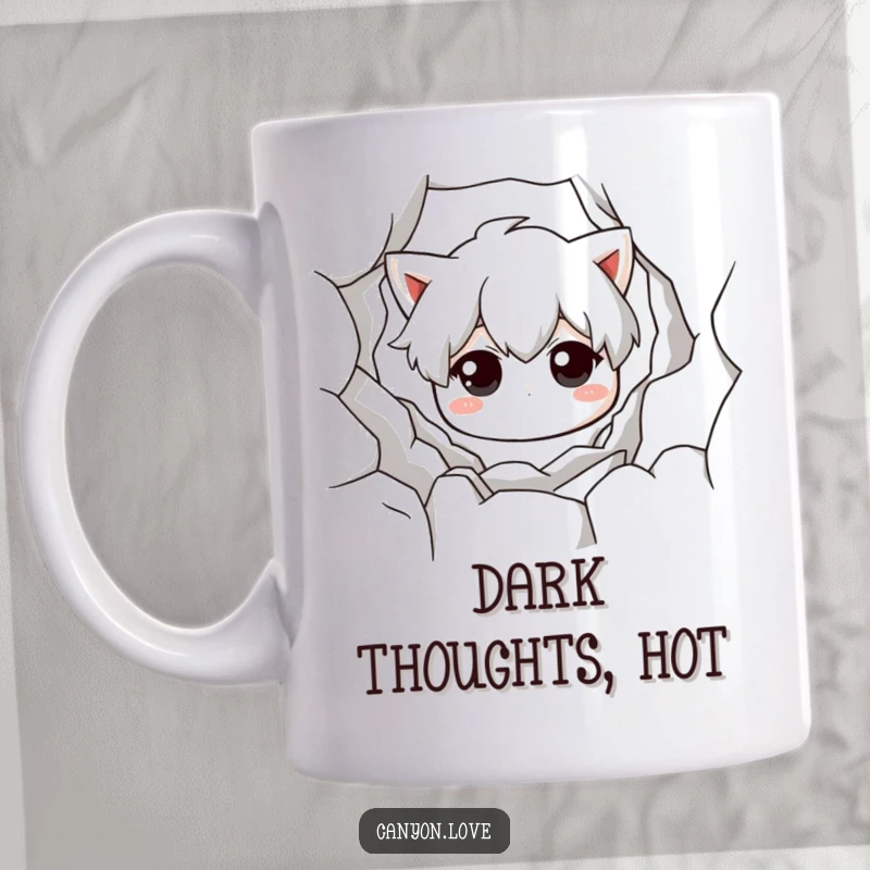 Funny Mug with a monochromatic chasm design, emphasizing texture and shadow for a deep, artistic, and humorously moody effect.