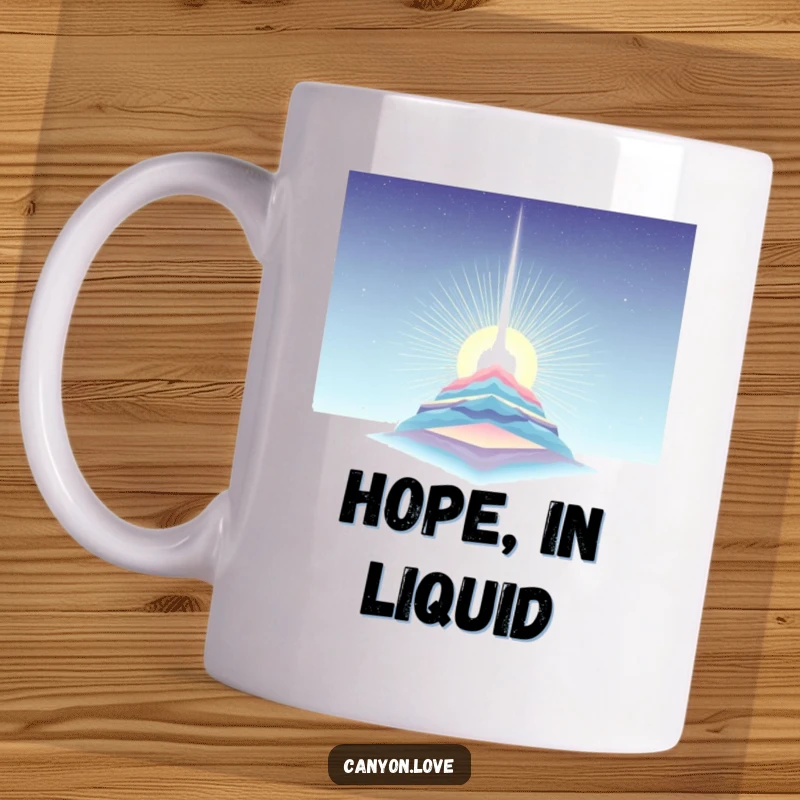 Funny Mug featuring a single light beam piercing through layered strata, symbolizing hope and discovery in an artistic and humorous design.
