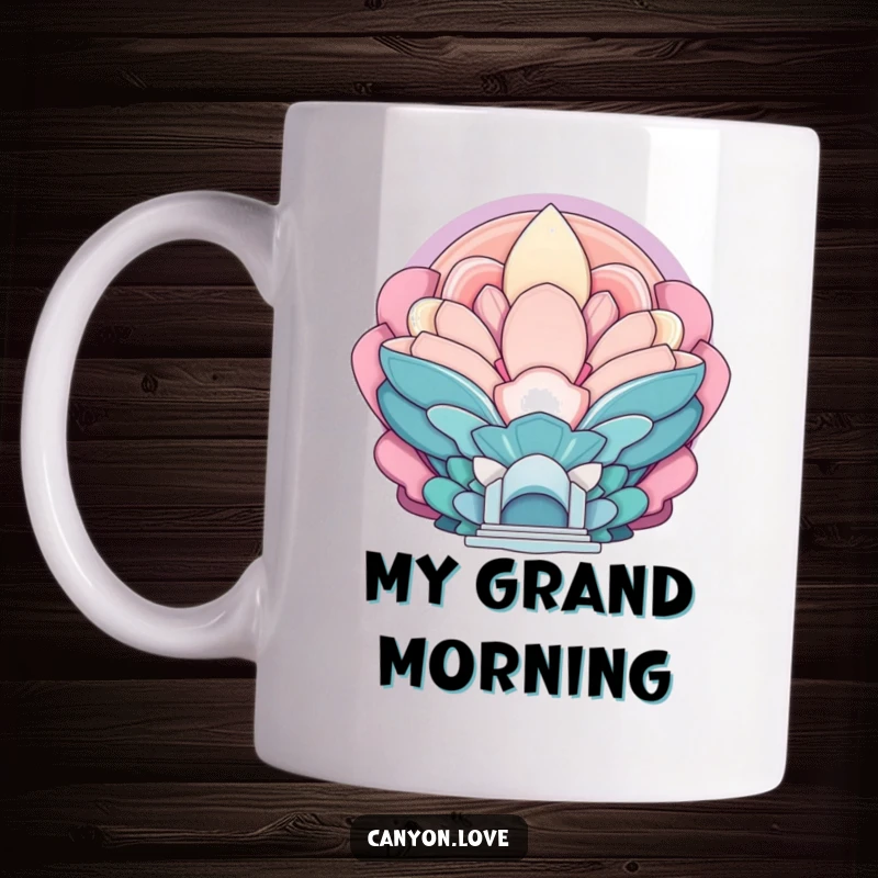 Funny mug with layered, echoing abstract shapes creating a sense of immense, monumental scale.