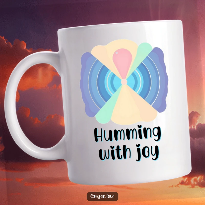 Funny Mug featuring abstracted sound waves radiating from a central point, symbolizing music and rhythm in an artistic, humorous design.