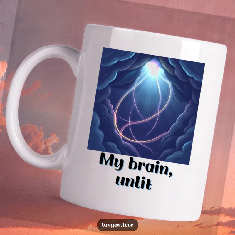 Funny abstract mug showcasing glowing light paths weaving through a dark, void-like background, representing a cosmic adventure.