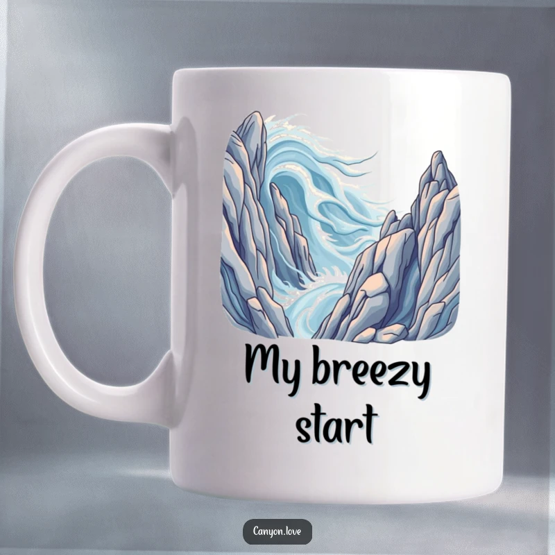 Funny mug showcasing stylized wind currents elegantly flowing around massive, abstract rock formations.