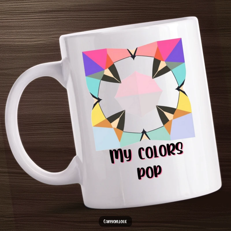 Funny Mug featuring jagged geometric shapes in contrasting bold colors, creating a vibrant and energetic abstract design.