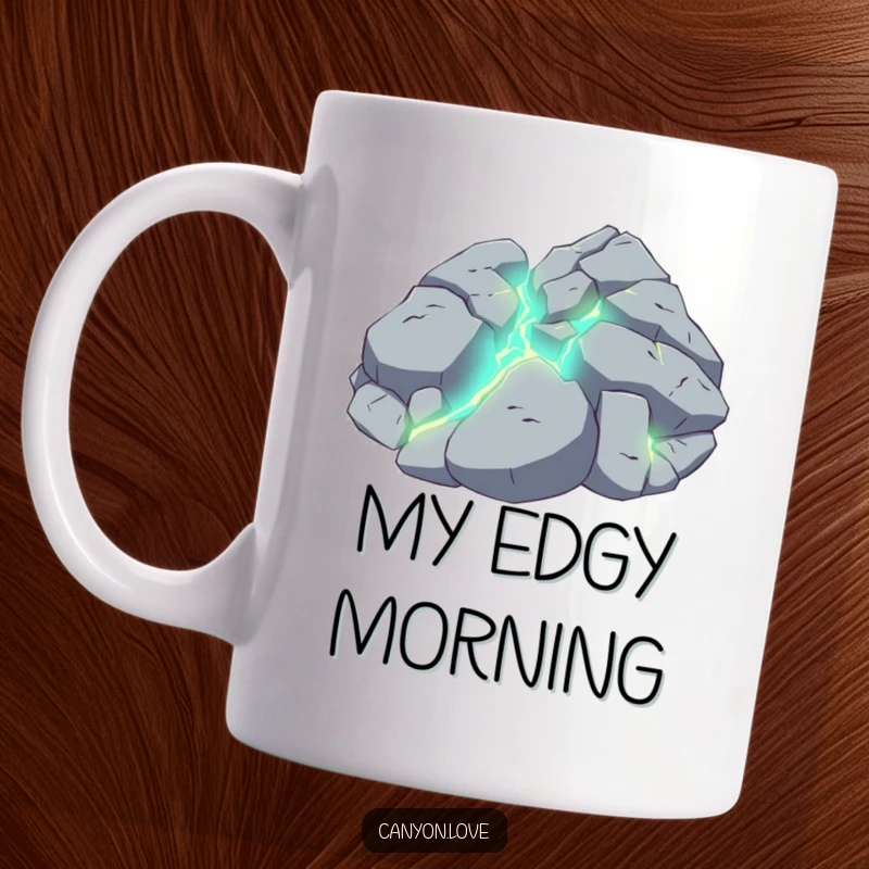 Funny mug displaying a fractured rock surface with bright, glowing veins running through the cracks, symbolizing inner energy.
