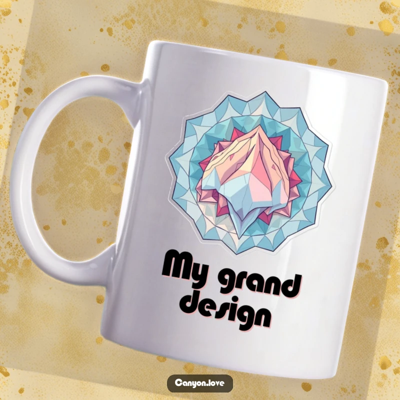 Funny Mug featuring overlapping geometric patterns suggesting immense geological scale, rendered in an abstract and humorous artistic style.