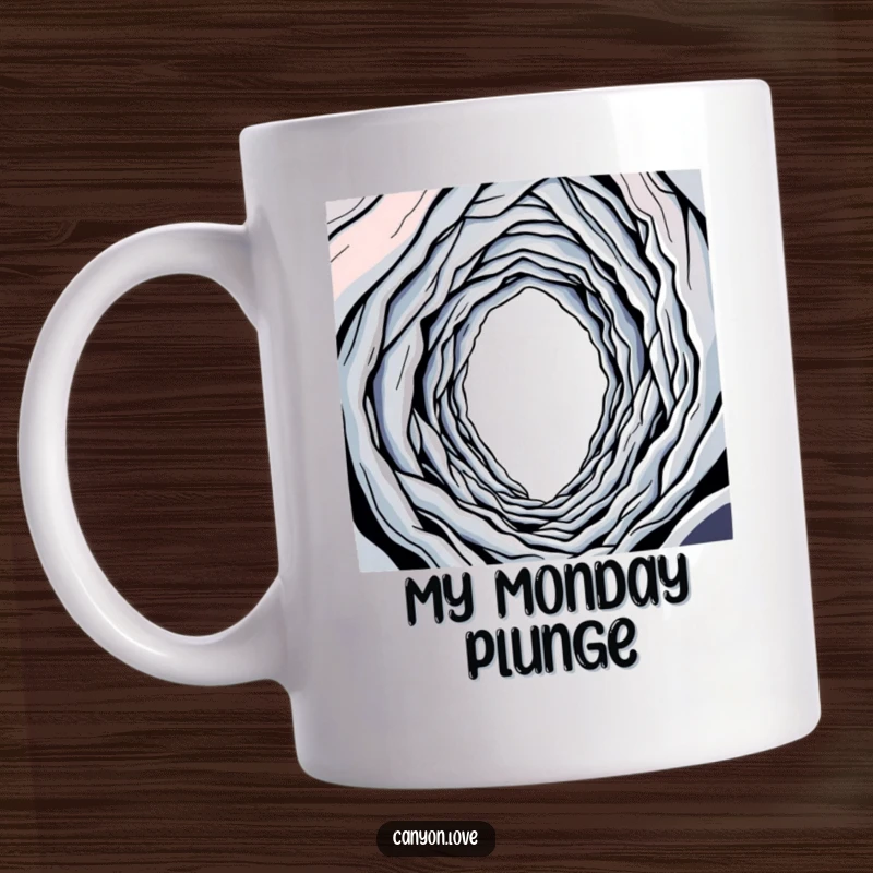 Funny mug showing a single, winding line descending into a deep, abstract, dark abyss, symbolizing a journey.