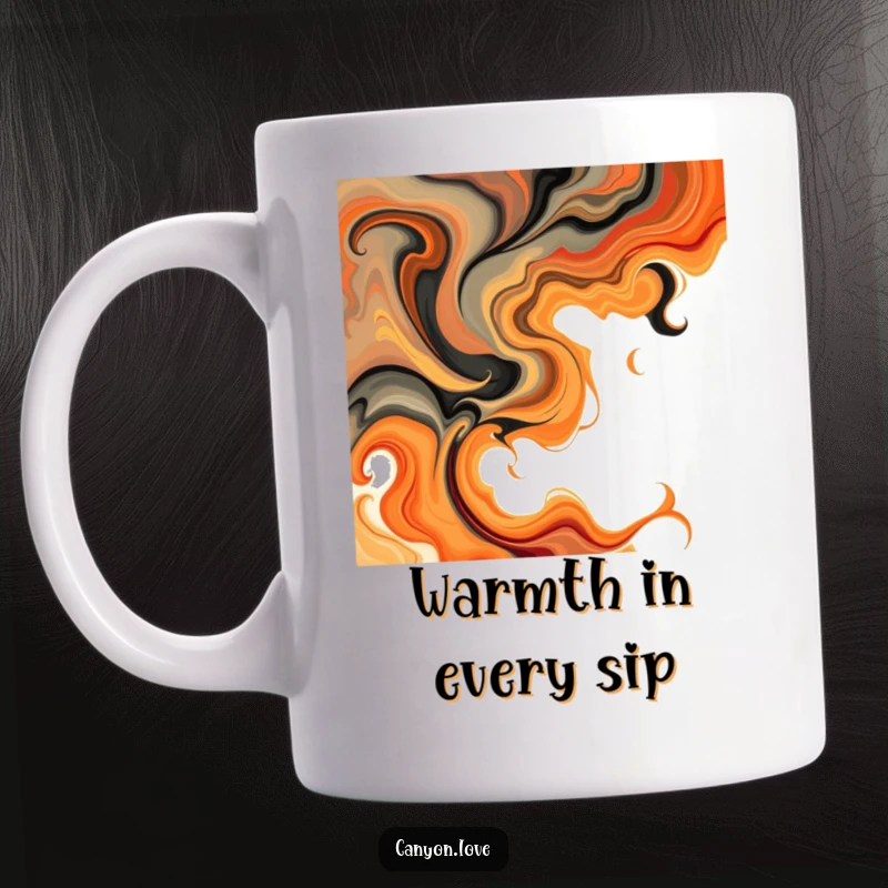 Funny Mug showcasing abstract swirls of earthy tones and fiery oranges, creating a warm and dynamic artistic pattern.