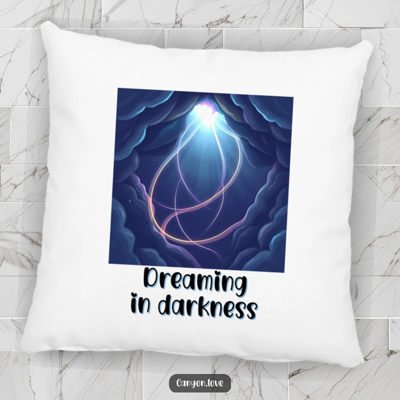 Funny abstract pillow featuring illuminated paths winding through a deep, dark, abstract background for cozy decor.