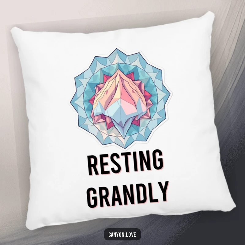 Funny Pillow designed with overlapping geometric patterns evoking immense geological scale, offering cozy comfort and a humorous artistic touch.