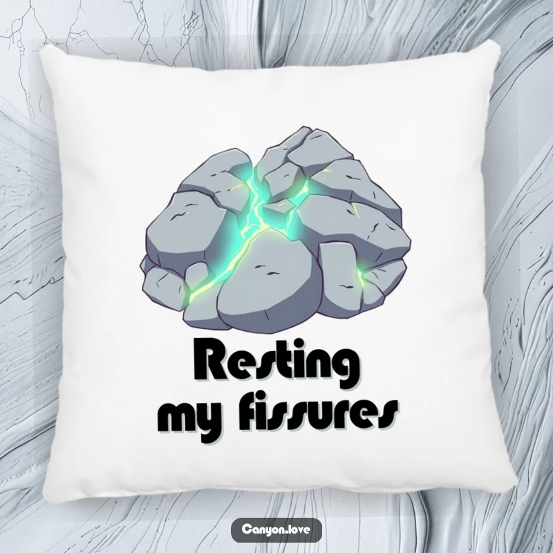 Funny pillow depicting a cracked rock texture with bright, glowing lines highlighting the fissures for a cozy feel.