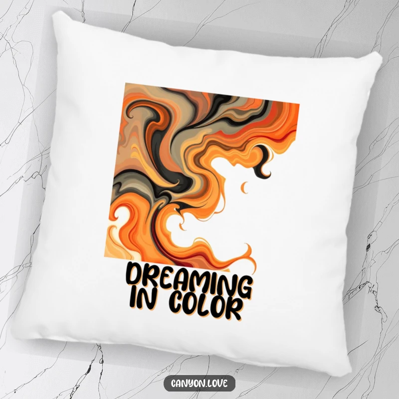 Funny Pillow decorated with abstract swirls of earthy tones and fiery oranges, providing comfortable warm abstract art for your home.
