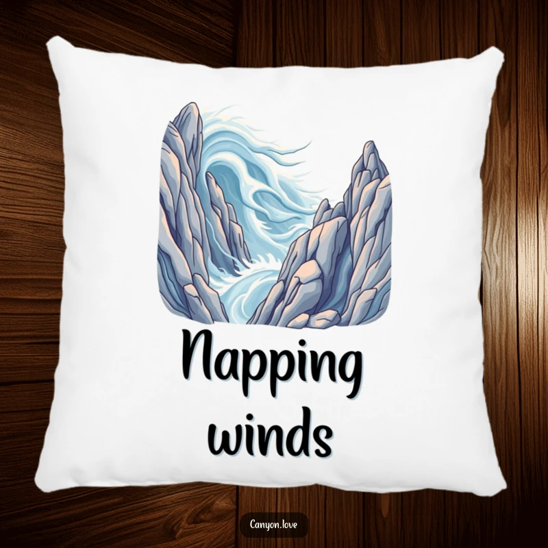 Funny pillow featuring stylized wind currents gracefully moving around grand rock formations for comfort.