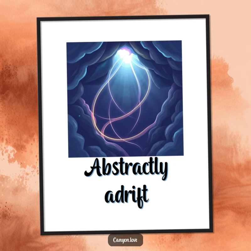 Funny abstract digital art print showcasing energetic light trajectories in a dark, abstract void for stunning decor.