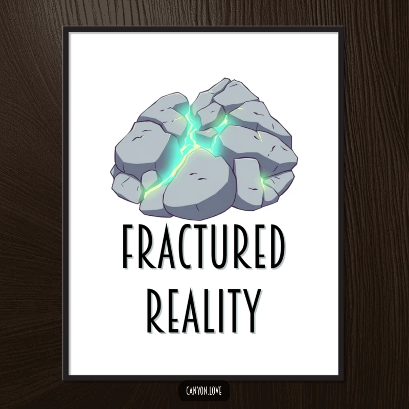 Funny digital art print of a fractured rock plane with energetic, glowing fissures, adding dramatic texture.