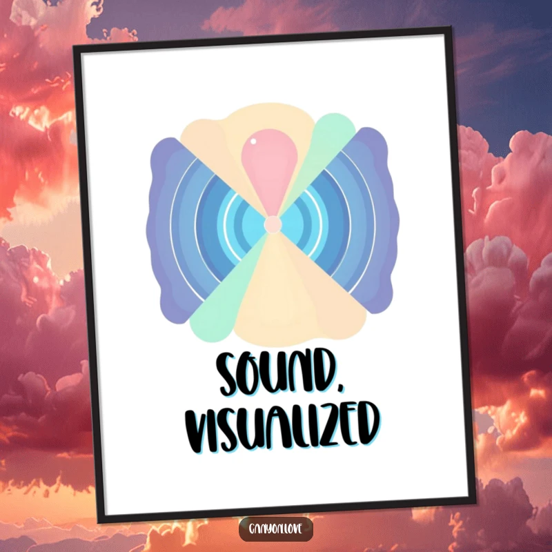 Funny Digital Art Print featuring abstracted sound waves radiating from a central point, perfect for abstract art and music-themed home decoration.