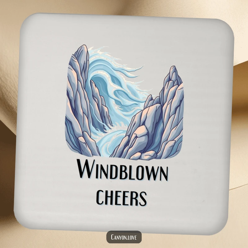 Funny drink coasters featuring stylized wind currents gracefully interacting with immense rock formations.