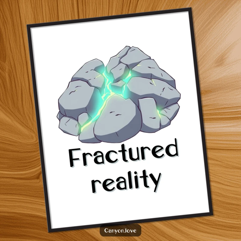 Funny poster showcasing a dramatically fractured rock plane with luminescent veins pulsing within the fissures.