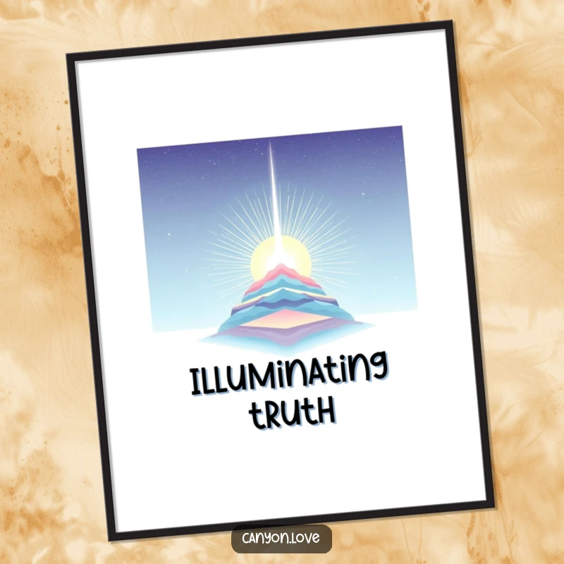 Funny Poster showing a single stark light beam piercing through layered strata, symbolizing hope and clarity for inspiring wall decor.