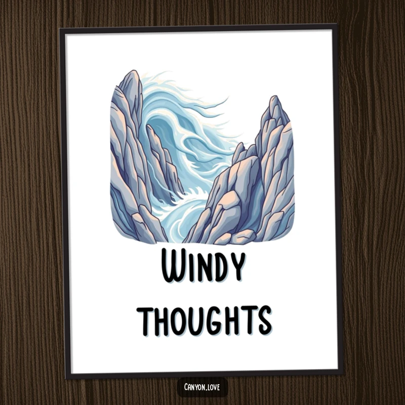 Funny poster illustrating powerful, stylized wind currents shaping immense rock formations, creating a sense of scale.