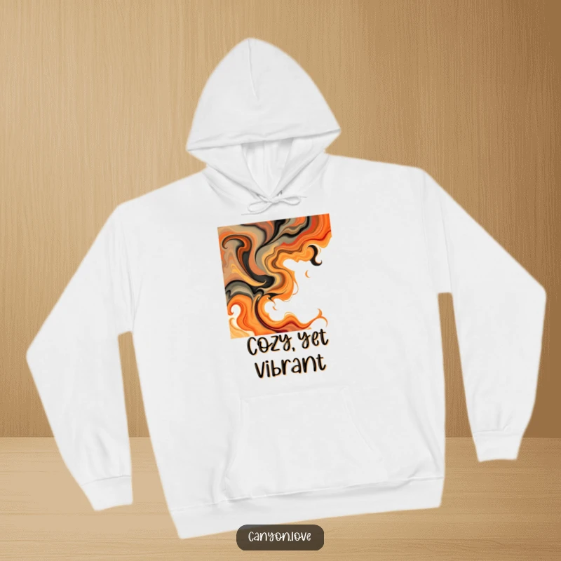 Funny Hoodie adorned with abstract swirls of earthy tones and fiery oranges, offering a warm and artistic cozy aesthetic.