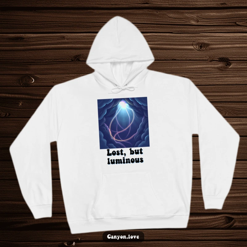 Funny abstract hoodie featuring glowing light trails against a deep, dark background, evoking a sense of wonder.
