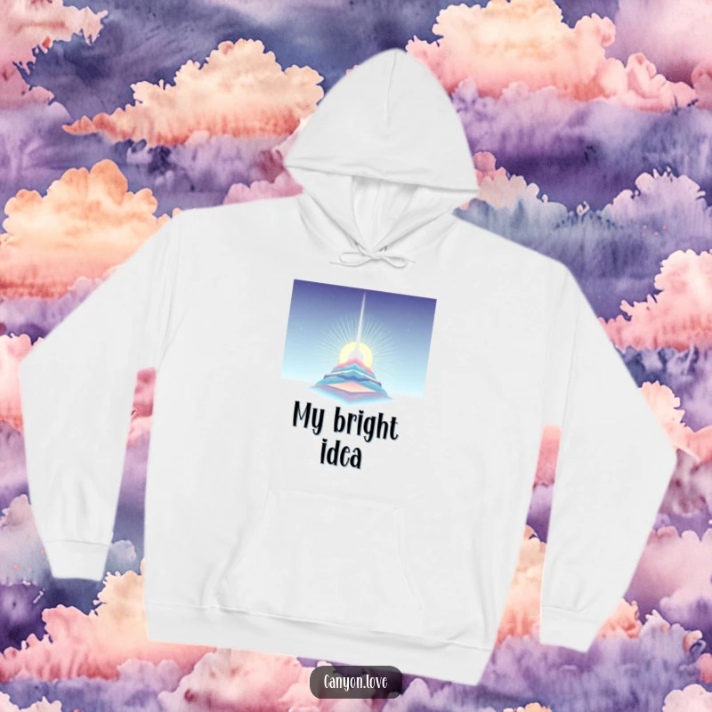 Funny Hoodie displaying a single light beam piercing layered strata, providing a cozy, hopeful, and humorous wearable art piece.