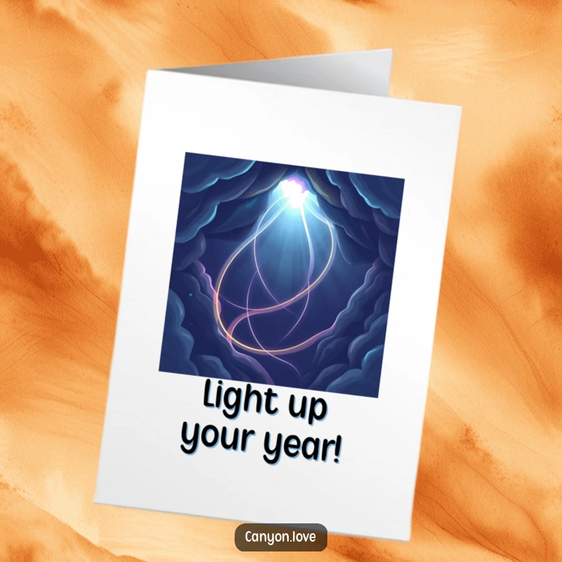 Funny Free Printable Birthday Card featuring intertwining light paths in a dark abstract void, a whimsical cosmic celebration.