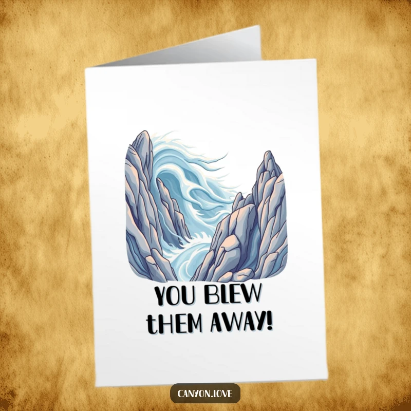 Funny Free Printable Congratulations Card featuring stylized wind currents sweeping through immense rock formations, celebrating success.