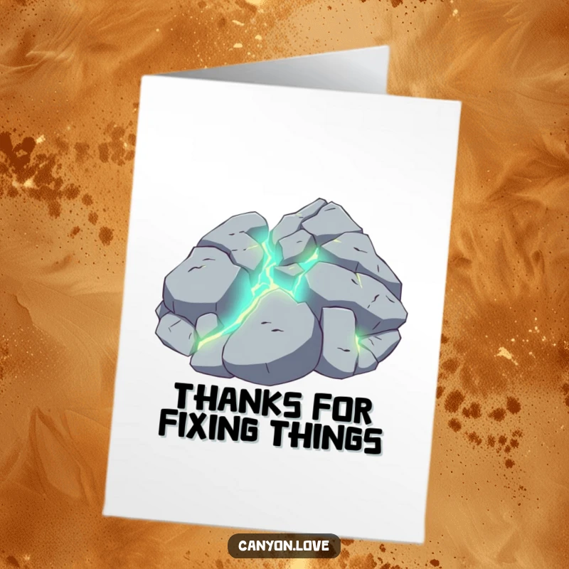 Funny Free Printable Thank You Card featuring a fractured rock plane with glowing veins, expressing unique thanks.