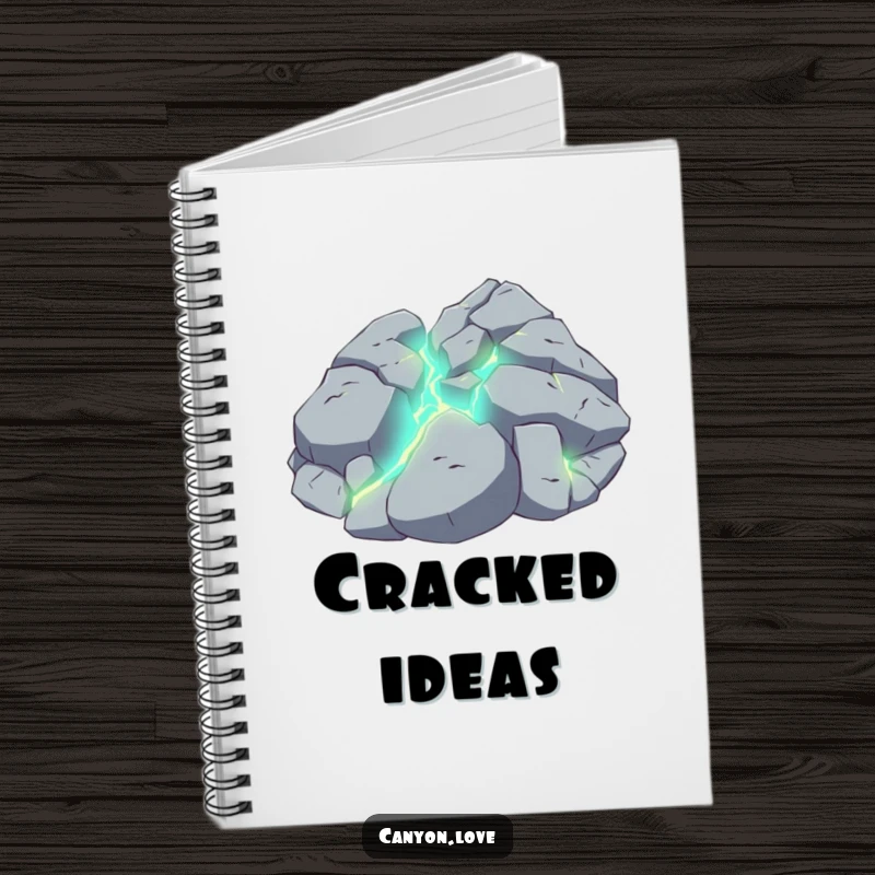 Funny notebook with a textured shattered rock design and bright, glowing fissures for note-taking.