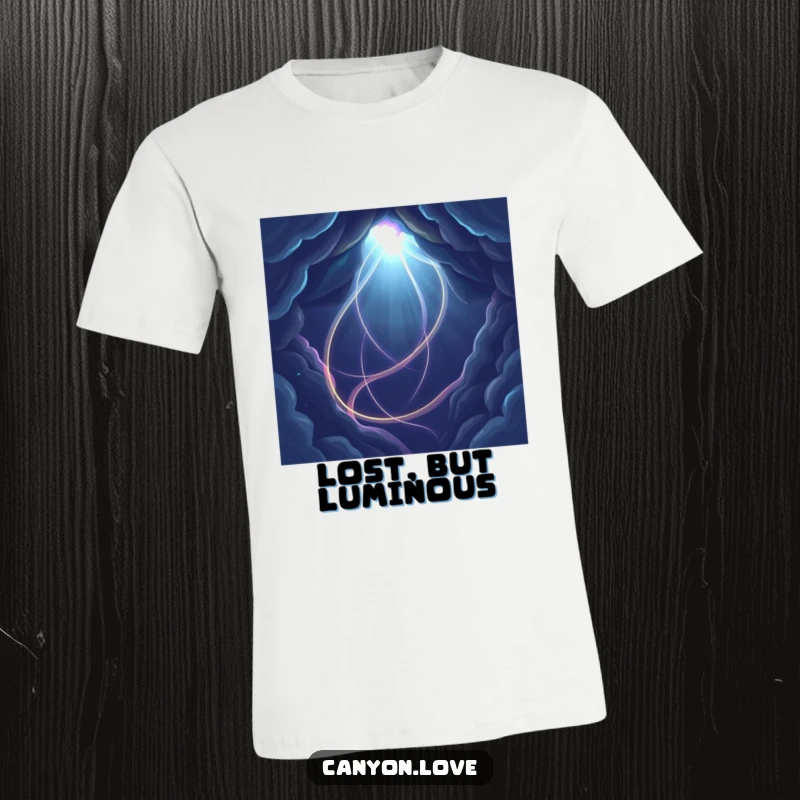 Funny abstract t-shirt with bright, intertwining light paths creating a dramatic effect in a dark, empty space.