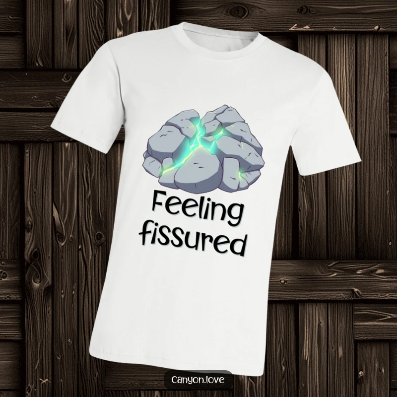 Funny t-shirt depicting a cracked rock plane with luminous fissures, representing hidden power and humor.