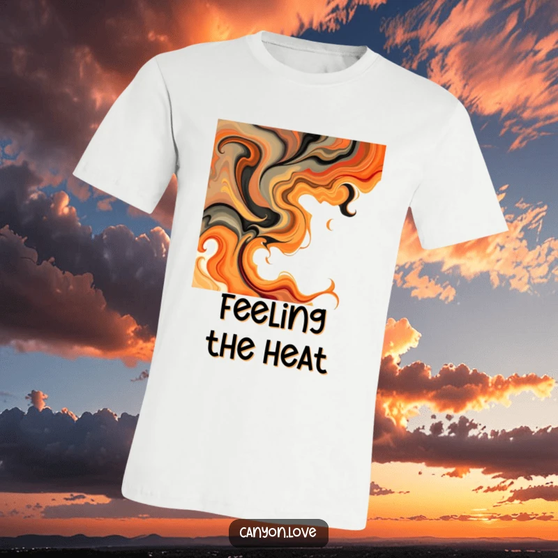 Funny T-Shirt displaying abstract swirls of earthy tones and fiery oranges, a warm and energetic graphic design.