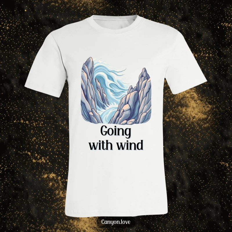 Funny t-shirt featuring flowing wind patterns interacting with grand, stylized rock structures, conveying movement.