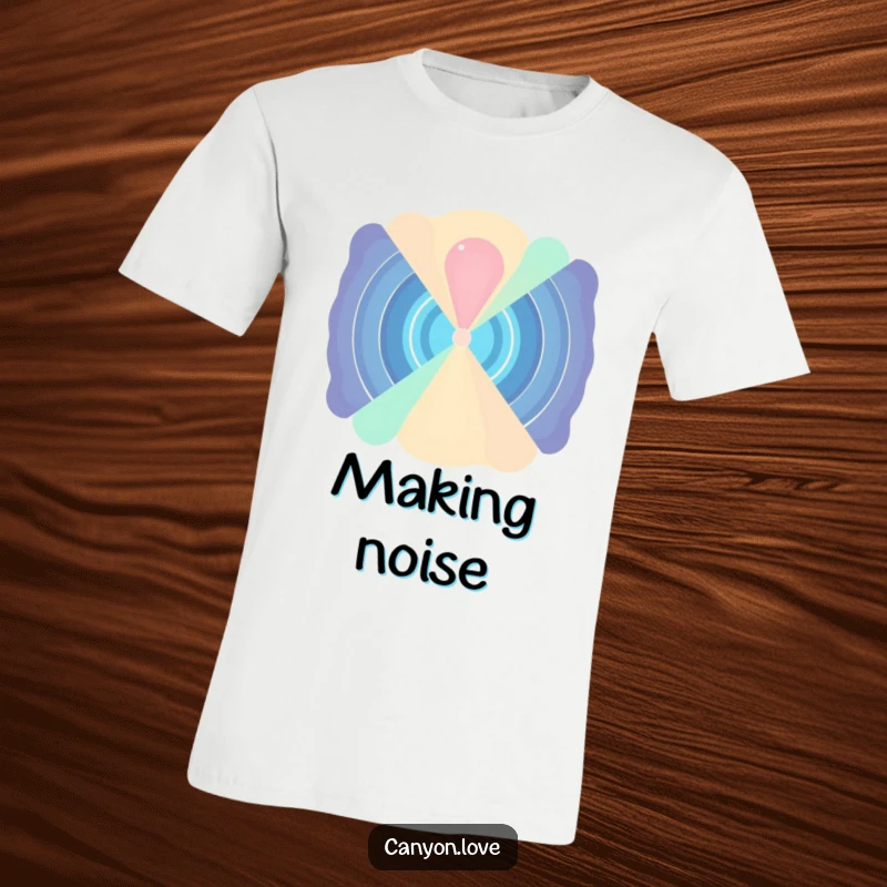 Funny T-Shirt depicting abstracted sound waves radiating from a central point, symbolizing rhythm and music with artistic humor.