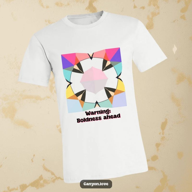 Funny T-Shirt showcasing jagged geometric shapes in striking contrasting bold colors, a lively and artistic abstract design.