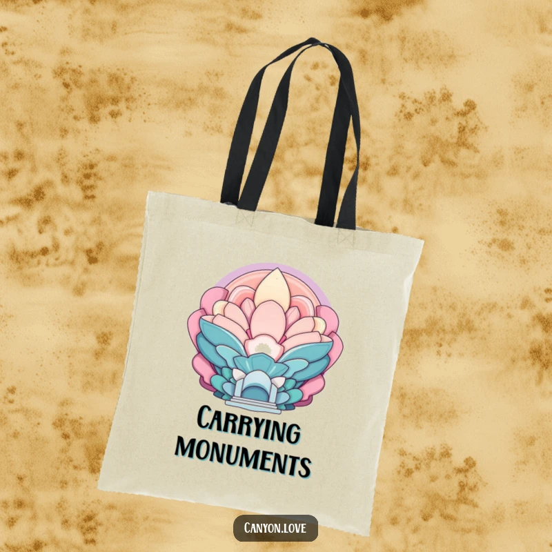 Funny tote bag with repeating, layered abstract forms creating a sense of imposing, monumental size.