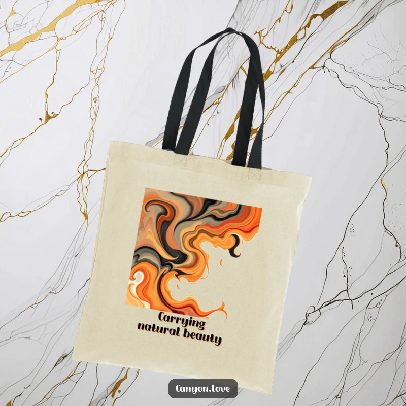 Funny Tote Bag featuring abstract swirls of earthy tones and fiery oranges, a stylish and practical accessory with warm artistic flair.